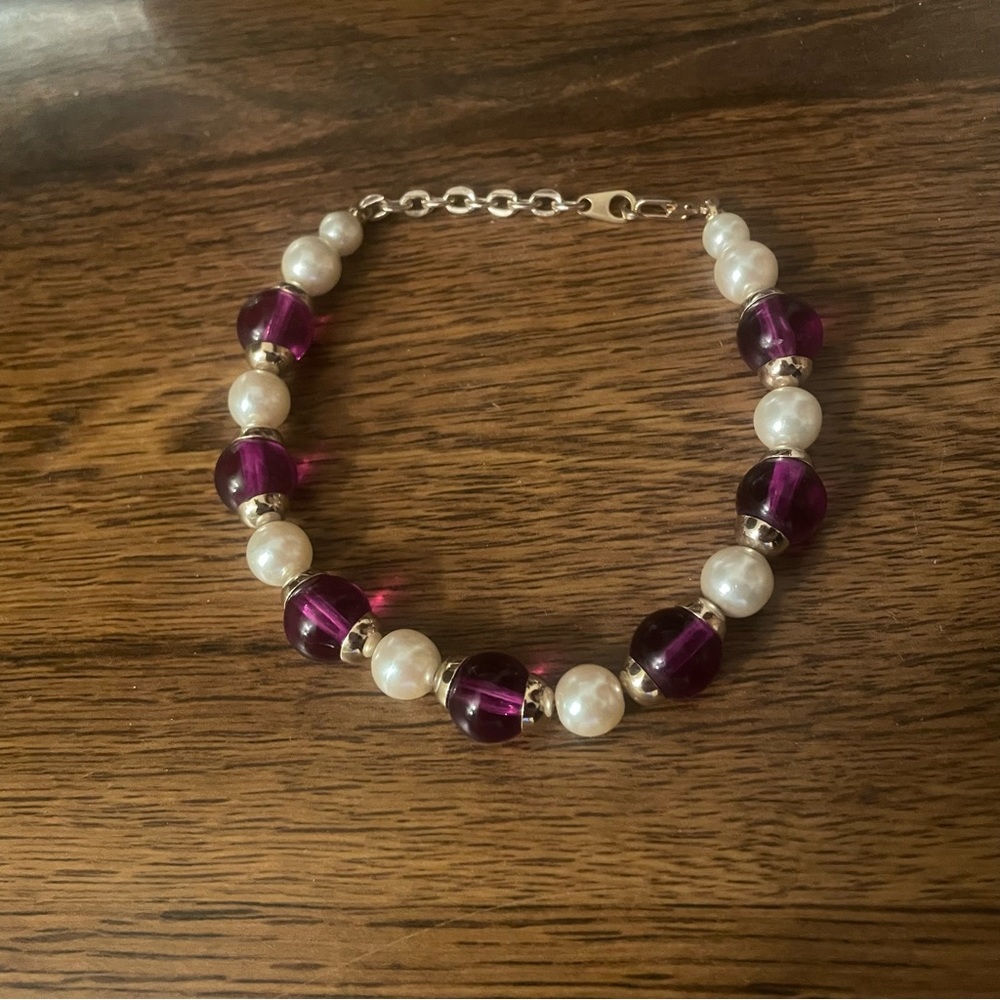 Marvella Purple, Pearl, and Gold Bracelet. 8.5”